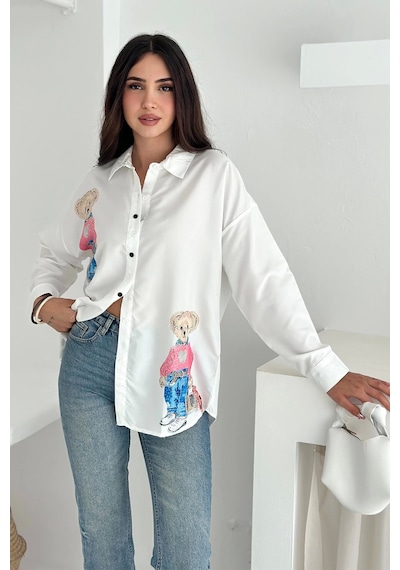 Asprin Fashion Ayıcık Baskılı Gömlek Beyaz Beyaz