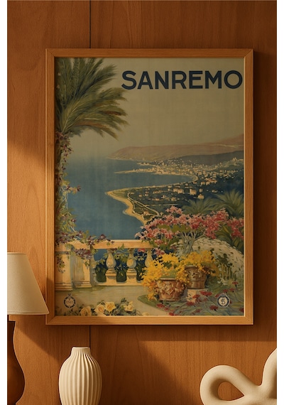 Sanremo Doğal Ahşap Çerçeveli Poster, Dekoratif Seyahat Duvar Tablosu