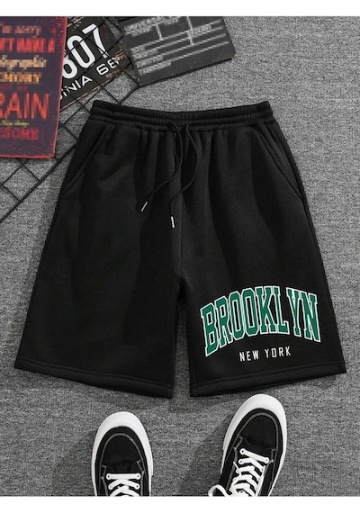 Brooklyn Baskılı Rahat Kalıp Unisex Şort Siyah