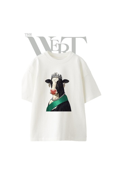 Thewert Queen Cow Tasarım Baskılı Ünisex Beyaz Oversize T-shirt