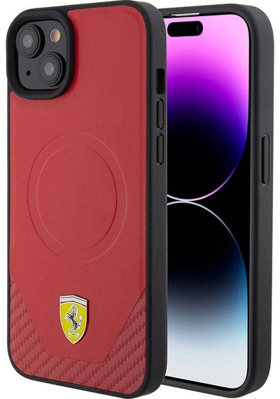 Apple Uyumlu iPhone 15 Plus Kılıf Ferrari Lisanslı M-safe Şarj Özellikli Metal Logolu Pu Karbon Kap