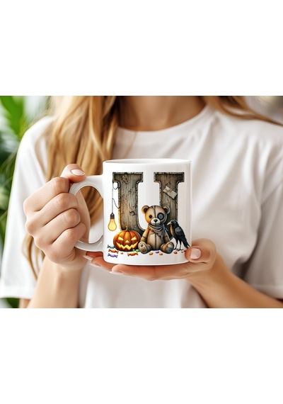 U Harfi Cadılar Bayramı Temalı Ayılı Kupa Bardak Halloween Karga Ve Balkabağı - Korkunç Sevimli Beyaz