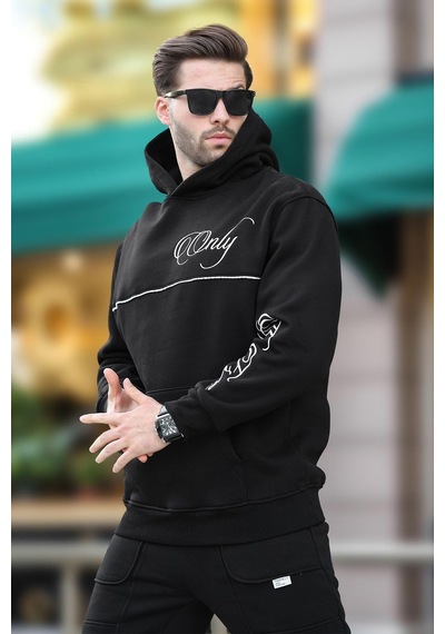 Madmext Siyah Kapüşonlu Şerit Detaylı Baskılı Erkek Sweatshirt 7091 Siyah