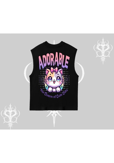 Tarzsokak Adorable Kawaii Kedi Arka Baskılı Kolsuz Tshirt Siyah