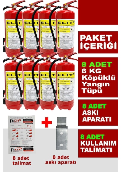 6 Kg Köpüklü Yangın Söndürme Tüpü Askı Aparatı Ve Talimat Dahil Ruhsata Uygun 8'li Paket