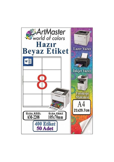 A4 Hazır Beyaz Etiket 105x70 Mm 50 Sayfa 1 Paket 8 Li Kendinden Yapışkanlı Fotokopi Lazer İnkjet Kağıdı Yazıcılar İçin