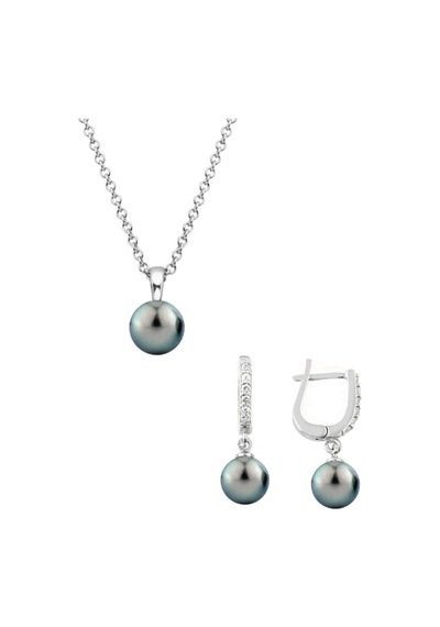 Gümüş Yuvarlak Model Kolye Küpe Siyah Inci Set 8 Mm