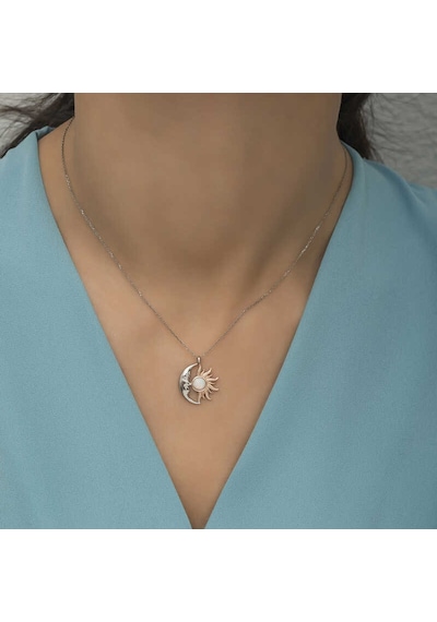 Gümüş Opal Beyaz Taşlı Ay Güneş Kadın Kolye Altın