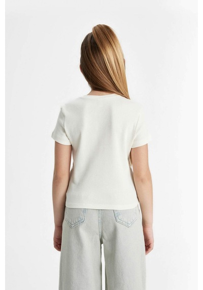 Defacto Kız Çocuk Slim Fit Bisiklet Yaka Ribana Kısa Kollu Tişört C0104A824SMER136 Ekru