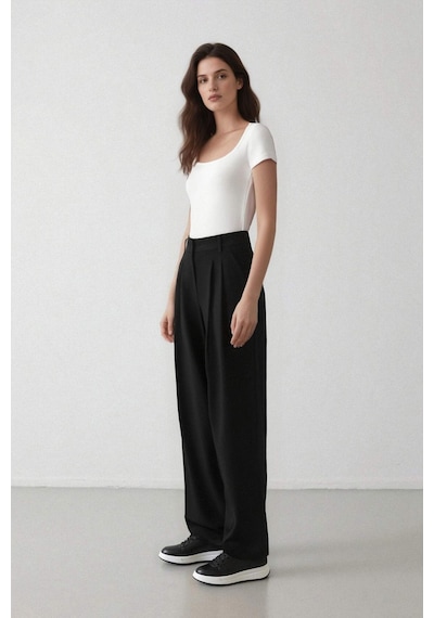 Defacto Wide Leg Cepli Pensli Basıc Klasik Dokuma Palazzo Pantolon C6375AX24HS Siyah