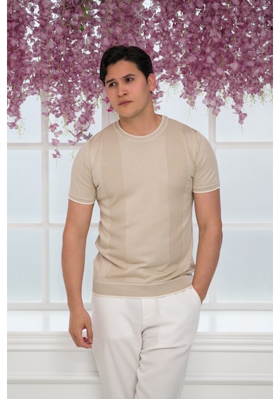 Advante Slimfit Kolları Lastikli Likralı Desenli Bisiklet Yaka Triko T-shirt Krem