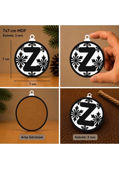 Z Harf Yılbaşı Süsü Mdf Çam Ağacı Desenli Asılabilir Dekor 7x7 Cm