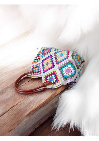 Embahandmde El Yapımı Renkli Granny Square Omuz Çantası Keten Astarlı Bohem Yazlık Kadın Çanta Krem - Bej