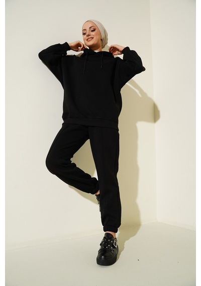 Hiccup Bdart Oversized Kapüşonlu Sweatshirt Ve Pantolon Aktif Seti Siyah