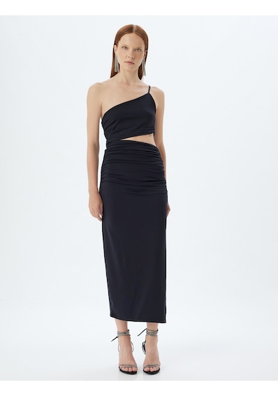 Koton Midi Elbise Yırtmaçlı Pencere Detaylı Tek Omuz Askılı Drapeli Slim Fit Siyah 4sak80220fk Siyah
