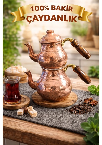 El Dövme Bakır Çaydanlık Takımı 0,5 L 1 L Ahşap Saplı Kahverengi