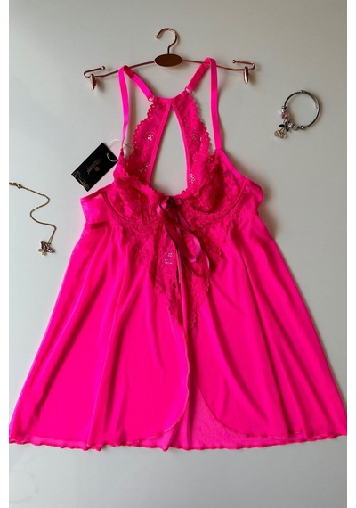 Gıanna Kadın Barbie Pembe Balenli Dantelli Gecelik/babydoll Pembe