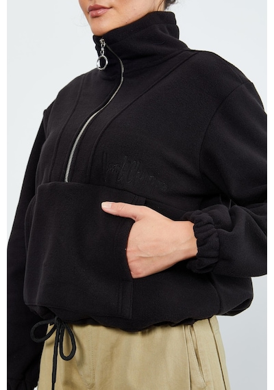 Tommy Life Siyah Yarım Fermuar Etek Ucu Büzgülü Kadın Polar Oversize Sweatshirt - 97171 Siyah