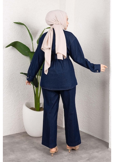 Misskayle Taş Detaylı Kuşaklı Denim Tesettür Takım Koyu Mavi Koyu