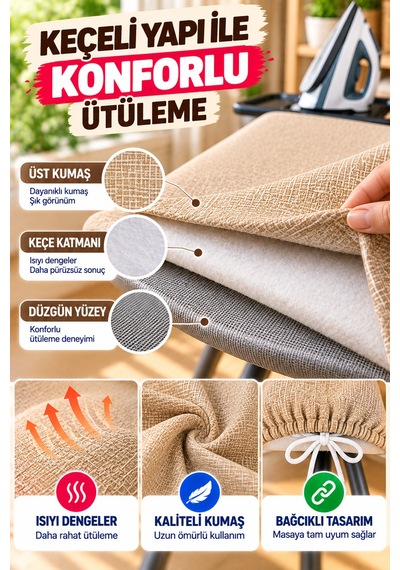 Bej Ütü Masası Kılıfı 50x130 Cm Keçeli Bağcıklı Ütü Bezi Örtüsü Pratik Kullanım Yedek Kılıf Gri Renk