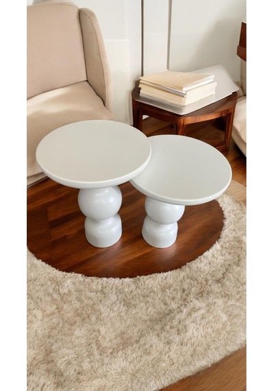 Simillo Wood Wooden Ahşap Beyaz Renk 2'li Set Fitilli Mantar Yan Sehpa Modern Fisko Kod:50499804547 Beyaz