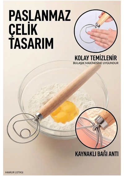 Danimarka Tipi Hamur Çırpıcı - Ahşap Saplı Paslanmaz Çelik Un & Ekşi Maya Karıştırma