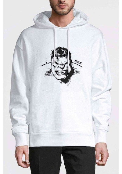 Hulk Sinirli Baskılı Beyaz Erkek Örme Kapşonlu Sweatshirt