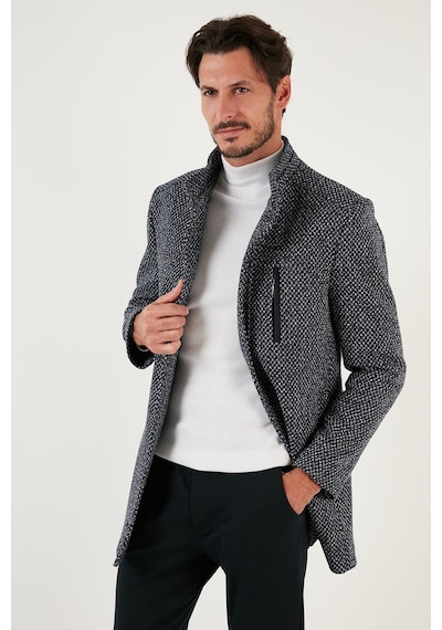 Buratti Düğmeli Dik Yaka Kırçıllı Slim Fit Kaşe Erkek Kaban 5841016 Lacivert Noktalı