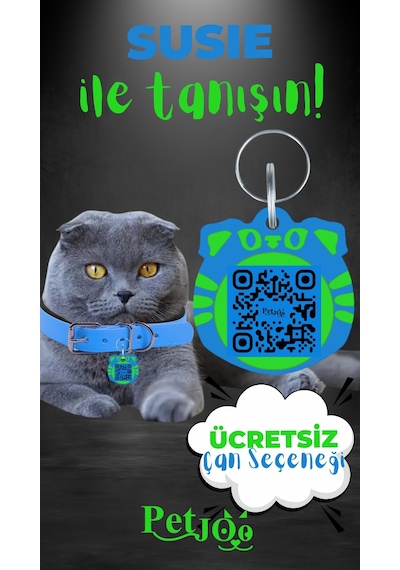 Petjoo 3.Susie Yeşil-Mavi Qr'lı Kedi Künyesi