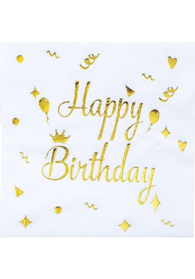 Varaklı Happy Birthday Beyaz Gold Baskılı Peçete 20'li Doğum Günü Parti Peçetesi +3