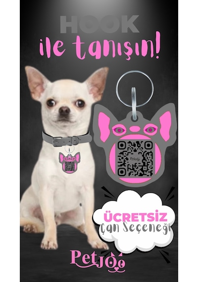 Petjoo 7.Hook Pembe-Gri Qr'lı Köpek Künyesi