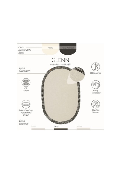 Cool Halı Glenn Krem Antrasit Oval Kilim Pamuklu Leke Tutmayan Çift Taraflı Yıkanan Mutfak Kilimi