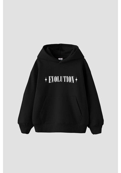 Startmore Evolution Baskılı Oversize Unisex Kapüşonlu Beyaz Siyah