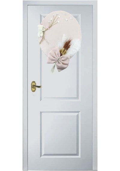 Süslebabypartystore Kuru Çiçek Tanzimli, Ayıcıklı, Isimli Oval Kapı Süsü, Pudra Renk Pudra
