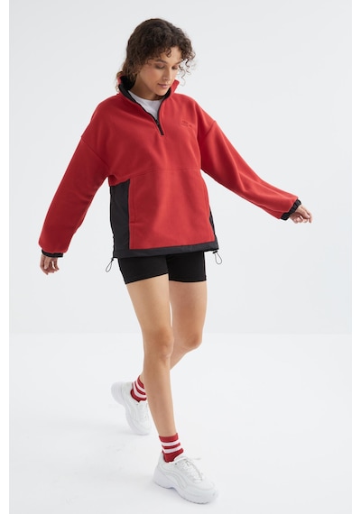 Tommy Life Fiesta Yarım Fermuar Etek Ucu Büzgülü Dik Yaka Oversize Kadın Polar Sweatshirt - 97236 Kırmızı