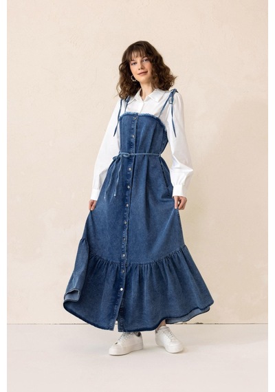 Olcay Gömlek Espirili Eteği Volanlı Denim Elbise Mavi 9305-e