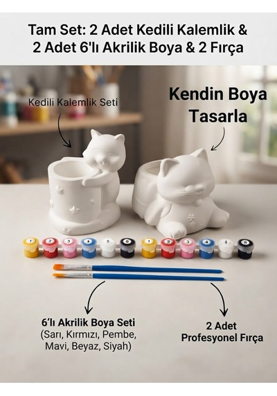 Kedili Kalemlik Seti 2 Li 12 Renk Boya Ve 2 Adet Fırça