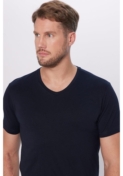 Tudors Erkek Slim Fit Dar Kesim %100 Pamuk Yumuşak Dokulu Lacivert V Yaka Tişört-32121 Lacivert
