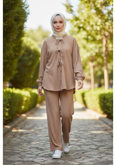 Stilkusagi Kadın Vizon Ön Bağlamalı Bürümcük Kimono Pantolon İkili Takım