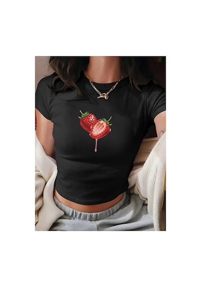 Nevermind Kadın Crop Baby Tee Çilek Baskılı Dar Kesim Pamuk Y2k Esteti Siyah