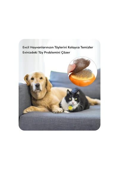 Otomatik Temizlenen Pet Tarağı, Basmalı Sistem, Çelik İğneli, Ergonomik Sap Turuncu
