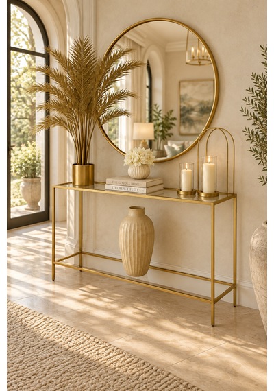 Teknor Şeffaf Camlı Gold Metal Konsol 100 Cm Modern Salon Dresuarı Altın