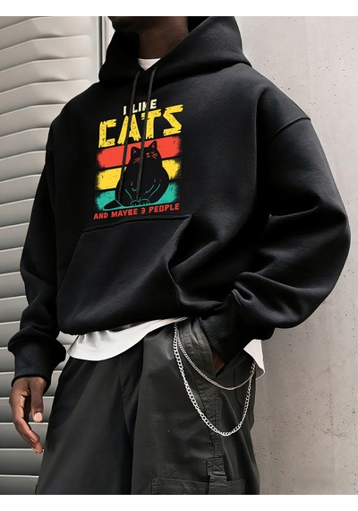 Startmore Startmorekomik Sevimli Kedi Eğlenceli Aşıklar Kedileri Seviyorum Baskılı Erkekler Hoody Moda Gevşek Ka Siyah