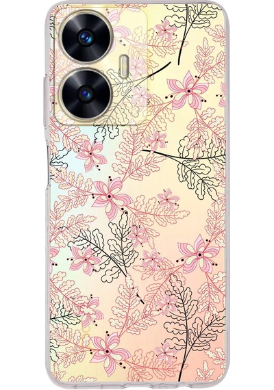Realme C55 Uyumlu Kamera Korumalı Floral Kırmızı Tasarımlı Şeffaf Silikon Kılıf