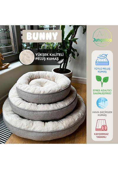 Bunny Kedi Ve Köpek Yatağı Bej 85x85x15 Cm Büyük, Donut Şekli, Yükseltilmiş Kenar, Ultra Yumuşak Peluş, Gergin
