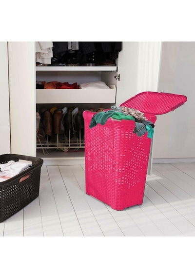 Hasır Desenli Plastik Pembe Çamaşır Sepeti & Pembe Çamaşır Selesi Pembe