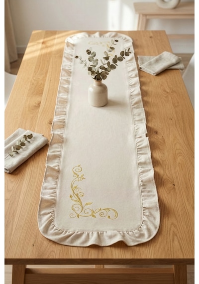 Nakış Detaylı Fırfırlı Masa Runner 40x120 Cm Şık Dekoratif Masa Ve Konsol Örtüsü Bej