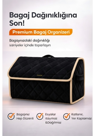 Bagaj Çantası Oto Bagaj Organizer Lüks Tay Tüyü Su Geçirmez Kaymaz Katlanır - Siyah Bej