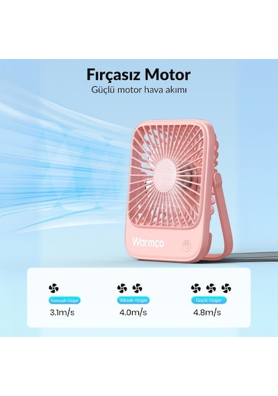 Warmco D1 Masaüstü Vantilatör Usb Ve Type-c Bağlantılı Taşınabilir Ultra İnce Soğutucu Fan Pembe