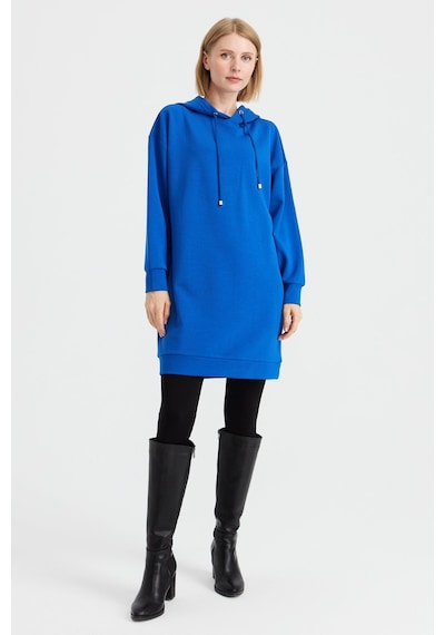 Desen Triko Kadın Kapüşonlu Sweat Elbise Saks Saks